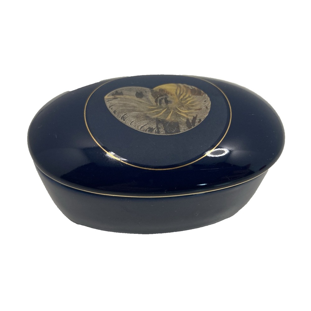 Vtg Otagiri Japan Nautilus Oval‎ Trinket Box Cobalt with Gold Accents Decor 3"
